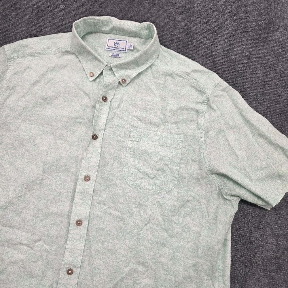 Southern Tide Mens XL Green Linen Blend Short Sleeve Button Down Shirt Floral